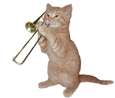 Oranžová kočka hrající na trumpetu